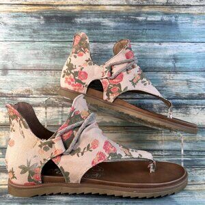 Very G Thong Sandals Womens Size 8.5 Tan Canvas Floral Zip Up Flat Casual